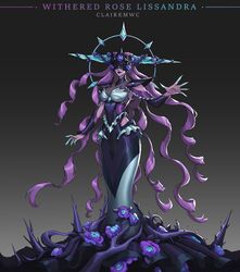  alternate_costume black_dress blue_flower breasts clairemwc closed_mouth colored_skin detached_sleeves dress female flower gradient_background grey_background grey_dress grey_skin highres horns large_breasts league_of_legends lissandra_(league_of_legends) long_hair pink_hair purple_lips solo thorns 