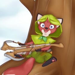  1:1 canid canine cdt2s clothing cosplay crossbow crossover female feral fox hi_res hoodwink_(dota) jungledyret_hugo mammal pawpads plant ranged_weapon red_fox rita_(jungledyret) solo tree true_fox weapon young 