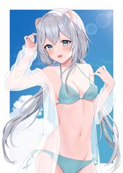  animal_ears aone_ioru aqua_eyes bikini blue_bikini blush breasts cleavage_cutout clothing_cutout female grey_hair hair_between_eyes hamster_ears hamster_girl highres indie_virtual_youtuber long_hair long_sleeves medium_breasts mochiko_(uyu_omochi) navel open_mouth solo stomach swimsuit virtual_youtuber 