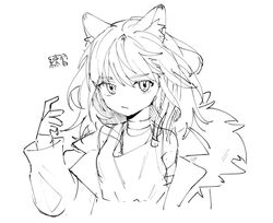  animal_ear_fluff animal_ears arknights choker closed_mouth cropped_torso female fur-trimmed_jacket fur_trim greyscale hair_between_eyes hand_up inu_to_milk jacket long_sleeves looking_at_viewer lunacub_(arknights) monochrome off_shoulder open_clothes open_jacket simple_background solo tank_top translation_request upper_body white_background 