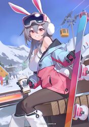  absurdres animal_ears bilibili_xiaolu black_gloves breasts brown_pantyhose commentary crowd cup day earmuffs fake_animal_ears feet_out_of_frame female from_side gloves goggles goggles_on_head grey_hair grin highres holding holding_cup holding_snowboard jacket large_breasts long_hair looking_to_the_side mountain multicolored_clothes multicolored_jacket open_clothes open_jacket original outdoors pantyhose partially_unzipped rabbit_ears red_eyes sitting smile snow snowscape solo_focus two-tone_jacket 