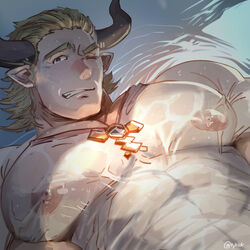  1boy baotorda bara blonde_hair clenched_teeth covered_nipples draph granblue_fantasy horns large_pectorals looking_at_viewer male_focus muscular muscular_male nipples one_eye_closed pectoral_focus pectorals pointy_ears rybiok see-through shirt short_hair solo teeth upper_body water wet wet_clothes wet_shirt white_shirt 