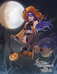  :d arm_up armpits belt black_gloves blue_hair breasts broom broom_riding clothing_cutout cm_lynarc commission detached_sleeves female fingerless_gloves fire_emblem fire_emblem:_path_of_radiance fire_emblem:_radiant_dawn fire_emblem_heroes gibbous_moon gloves green_eyes halloween halloween_costume hat headband highres long_hair mia_(fire_emblem) mia_(halloween)_(fire_emblem) moon navel navel_cutout night night_sky official_alternate_costume open_mouth outdoors pumpkin signature sky smile solo thighhighs white_headband witch_hat zettai_ryouiki 