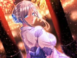  aerial_fireworks aizawa_chihiro back_bow blue_bow blue_eyes blue_flower blurry blurry_background bow breasts brown_hair female fireworks floral_print flower hair_bun hair_flower hair_ornament hydrangea_print japanese_clothes kanoko_(pattern) kimono large_breasts long_hair looking_at_viewer looking_back official_art open_mouth original pillar print_kimono purple_kimono solo upper_body yukata 