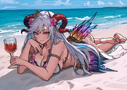  alcohol anklet armlet ass beach bikini breasts cleavage cup english_commentary feathers female fire_emblem fire_emblem_heroes flower flower_necklace freyja_(fire_emblem) freyja_(summer)_(fire_emblem) grey_hair holding holding_cup horns jewelry large_breasts long_hair looking_at_viewer lying ocean official_alternate_costume on_stomach outdoors red_eyes swimsuit the_pose water white_bikini wine zeon_(zzeeonn) 