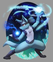  2023 absurd_res anthro aura_sphere biped canid canine chest_spike claws eyebrows fingers generation_4_pokemon haychel hi_res lucario mammal nintendo pokemon pokemon_(species) solo spikes spikes_(anatomy) tail 