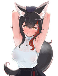  :p animal_ear_fluff animal_ears armpits arms_behind_head arms_up beret black_hair black_hat black_skirt blush braid breasts brown_eyes closed_mouth commentary_request female hair_ornament hairclip halter_shirt halterneck hat heart heart-shaped_pupils highres hololive kani_bonara large_breasts long_hair looking_ahead looking_at_viewer low_ponytail multicolored_hair official_alternate_costume official_alternate_hairstyle ookami_mio ookami_mio_(street) orange_eyes red_hair shirt shirt_tucked_in side_braid simple_background single_braid skirt sleeveless sleeveless_shirt smile solo steaming_body streaked_hair sweat sweaty_clothes symbol-shaped_pupils tongue tongue_out upper_body very_long_hair very_sweaty virtual_youtuber wet wet_clothes wet_shirt white_background white_shirt wide_ponytail wolf_ears wolf_girl yellow_eyes 