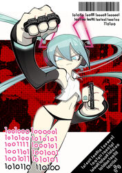  angry animenishikihebi barcode binary black_panties blue_eyes blue_hair blue_nails brass_knuckles clenched_hand closed_mouth collared_shirt detached_sleeves eyelashes female hair_between_eyes hatsune_miku hatsune_miku_(vocaloid4) headset looking_at_viewer navel panties shirt solo toon_(style) translation_request twintails underwear v4x vocaloid weapon white_shirt 