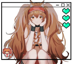  angelina_(arknights) animal_ear_fluff animal_ears arknights bare_shoulders black_choker breasts brown_eyes brown_hair chibi chibi_inset choker cleavage feet_out_of_frame female hair_between_eyes hairband heart inu_to_milk knees_together_feet_apart knees_up long_hair medium_breasts pixelated red_hairband simple_background squatting twintails very_long_hair white_background wrist_cuffs 