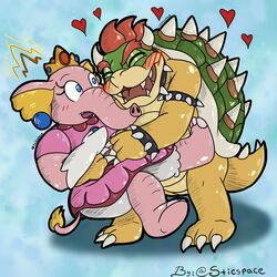  1:1 2023 anthro bald blush bowser carrying_another carrying_partner clothing duo elephant elephant_peach elephantid female heart_symbol hi_res hug koopa male male/female mammal mario_bros nintendo princess_peach proboscidean scalie sticspace super_mario_bros_wonder 