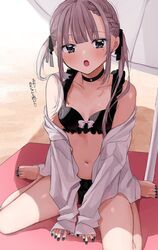  :o bare_shoulders barefoot beach beach_towel beach_umbrella bikini black_bikini black_choker black_eyes black_nails black_ribbon blush bow braid breasts chigusa_minori choker clip_studio_paint_(medium) collarbone commentary day female frilled_bikini frills grey_hair hair_ribbon highres kokoro_iroduku_koi_ga_shitai kurosu_owari light_blush long_hair long_sleeves looking_at_viewer mole mole_on_arm mole_under_eye nail_polish navel off_shoulder on_ground open_clothes open_shirt outdoors ribbon shade shirt sidelocks sitting sleeves_past_wrists small_breasts solo stomach swimsuit toenail_polish toenails towel translated twintails umbrella v_arms wariza white_bow white_shirt 