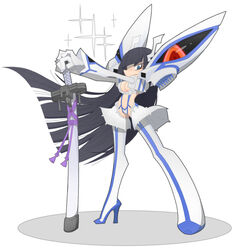  animenishikihebi bakuzan black_hair blunt_bangs boots breasts closed_mouth eyelashes female frown full_body gloves hand_on_hilt high_heel_boots high_heels junketsu kamui_(kill_la_kill) kill_la_kill kiryuuin_satsuki large_breasts long_hair looking_at_viewer navel revealing_clothes simple_background solo sparkle sword thick_eyebrows thigh_boots toon_(style) very_long_hair weapon white_background white_gloves 