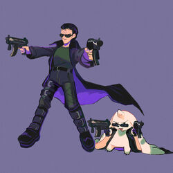  anthro bandai_namco black_hair clothing coat crossover digimon digimon_(species) dual_wielding duo eyewear fur gun hair hi_res holding_object holding_weapon horn human humor long_ears male mammal neo_(the_matrix) ranged_weapon submachine_gun sunglasses terriermon the_matrix topwear trenchcoat weapon white_body white_fur winonaparadise 