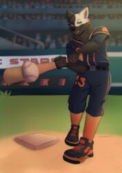  absurd_res action_pose anthro azki_(azki_wolf) baseball baseball_bat baseball_uniform bat_(object) black_body black_fur canid canine canis clothing dirt footwear fur grass hi_res male mammal plant pose shoes solo sportswear stadium uniform unknown_artist white_body white_fur wolf 