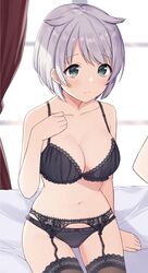  azusa_mifuyu black_bra black_panties bra breasts curtains female green_eyes grey_hair hair_between_eyes highres magia_record:_mahou_shoujo_madoka_magica_gaiden mahou_shoujo_madoka_magica medium_breasts mochiko_(uyu_omochi) navel panties short_hair solo stomach thighhighs underwear underwear_only 