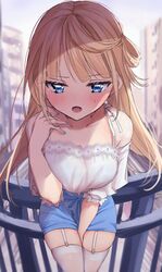  aoba_miu arm_up between_legs blonde_hair blue_bra blue_eyes blue_nails blue_shorts blush bra bra_visible_through_clothes breasts chigusa_minori collarbone commentary_request female fisheye floating_hair garter_straps hand_between_legs highres kokoro_iroduku_koi_ga_shitai lace-trimmed_shirt lace_trim large_breasts long_hair looking_at_viewer lower_teeth_only mole mole_on_arm mole_on_thigh nail_polish nervous open_mouth outdoors puffy_sleeves railing see-through see-through_sleeves shade shirt shorts shy single_hair_ring skindentation skirt solo sweatdrop teeth thighhighs thighs underwear white_shirt white_thighhighs 