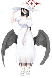  absurdres alternate_costume bare_shoulders black_choker black_hair black_wings blue_archive blush breasts choker collarbone cosplay dress feathered_wings female full_body hair_between_eyes halo hasshaku-sama hasshaku-sama_(cosplay) hasumi_(blue_archive) hat highres long_hair long_hair_between_eyes looking_at_viewer nonoa off-shoulder_dress off_shoulder puffy_short_sleeves puffy_sleeves red_eyes red_halo see-through short_sleeves simple_background solo straight_hair sun_hat sundress very_long_hair white_background white_dress white_footwear white_hat wings 