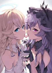  2girls absurdres angelica_(epic_seven) bare_shoulders black_dress black_gloves black_headwear blonde_hair blue_eyes braid breasts detached_collar dress epic_seven gloves halo highres karadborg long_hair looking_at_viewer medium_breasts multiple_girls purple_hair red_eyes simple_background sinful_angelica_(epic_seven) tongue tongue_out white_dress white_gloves yuri 