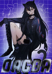  animal_ears arknights black_collar black_footwear black_gloves black_hair black_jacket black_shirt black_shorts boots character_name collar collarbone cropped_jacket dagda_(arknights) fangs female full_body gloves hair_between_eyes highres inu_to_milk jacket knees_up long_hair long_sleeves looking_at_viewer open_clothes open_jacket open_mouth puffy_long_sleeves puffy_sleeves purple_background shirt short_shorts shorts single_thigh_boot sitting solo tail thigh_boots very_long_hair yellow_eyes 