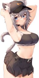  absurdres animal_ear_fluff animal_ears armpits arms_up baseball_cap black_skirt blue_eyes breasts cat_ears cat_girl cat_tail cleavage closed_mouth commission crop_top female grey_fur grey_hair hat highres jun_(aousa0328) looking_at_viewer medium_hair navel original simple_background skeb_commission skirt solo tail white_background 