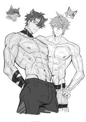  2boys ahoge animal_ears animal_nose arm_ribbon buttons closed_eyes closed_mouth collarbone corrupted_twitter_file fox fox_ears genshin_impact greyscale ha_ze hair_between_eyes hair_over_one_eye hand_on_own_hip hands_in_pockets highres large_pectorals male_focus mask mask_on_head monochrome multiple_boys muscular muscular_male navel nipples pants pectorals ribbon scar short_hair shorts simple_background smile standing tartaglia_(genshin_impact) tongue tongue_out v-shaped_eyebrows wolf wolf_ears wriothesley_(genshin_impact) 