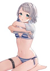  absurdres aqua_eyes barefoot belt bikini blue_bikini braid breasts clothes_lift commission feet female grey_hair grey_shirt hair_between_eyes highres mochiko_(uyu_omochi) navel open_mouth original shirt shirt_lift skeb_commission small_breasts solo stomach striped_bikini striped_clothes swimsuit undressing wet 