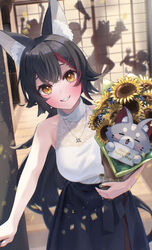  5girls animal_ears architecture bare_arms bare_shoulders birthday black_hair black_skirt bouquet breasts cleavage cowboy_shot doorway east_asian_architecture flipped_hair flower grin hair_ornament hairclip halter_shirt halterneck happy_birthday highres holding holding_bouquet hololive large_breasts long_hair looking_at_viewer low_ponytail miofa_(ookami_mio) momosuzu_nene multicolored_hair multiple_girls nattoushouyu3 official_alternate_costume official_alternate_hairstyle ookami_mio ookami_mio_(street) oozora_subaru paid_reward_available pov_doorway red_hair see-through see-through_cleavage shirakami_fubuki shirt shouji silhouette skirt sleeveless sleeveless_shirt sliding_doors smile solo_focus spiked_hair streaked_hair tokoyami_towa very_long_hair virtual_youtuber white_shirt wide_ponytail wolf_ears yellow_eyes 