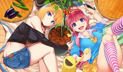  2girls antenna_hair bare_shoulders black_shirt blonde_hair blue_eyes blush breasts butt_crack character_request cherry_tomato cleavage closed_mouth commentary_request denim denim_shorts eggplant hairband highres holding kneehighs large_breasts long_hair long_sleeves looking_at_viewer lying medium_hair multiple_girls neck_ribbon official_art on_back on_side open_mouth plant potted_plant ribbon shirt shorts skirt smile socks sprinkler striped_clothes striped_socks tomato vegetable_garden_of_twins yellow_hairband yellow_ribbon yellow_skirt yumeno_tanuki 