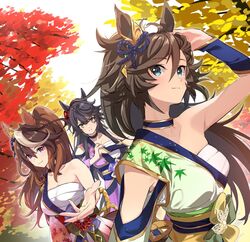  3girls ahoge alternate_costume alternate_hairstyle animal_ears arm_up black_hair bracer breasts brown_hair chest_sarashi choker closed_mouth fist_in_hand floral_print green_eyes green_kimono hadanugi_dousa hand_in_own_hair horse_ears horse_girl japanese_clothes kimono long_hair medium_breasts misu_kasumi mr._c.b._(umamusume) multicolored_hair multiple_girls narita_brian_(heavenly_laughter_kaburaya)_(umamusume) narita_brian_(umamusume) obi ponytail purple_hair purple_kimono reaching reaching_towards_viewer red_kimono sarashi sash single_bare_shoulder small_breasts smile streaked_hair symboli_rudolf_(archer_of_the_white_moon)_(umamusume) symboli_rudolf_(umamusume) tree umamusume upper_body yellow_eyes 