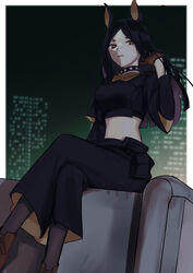  animal_ears arknights black_hair black_pants black_pantyhose black_shirt breasts brown_eyes brown_footwear brown_gloves building closed_mouth crop_top crossed_legs dobermann_(arknights) dog_ears feet_out_of_frame female gloves hand_up highres inu_to_milk layered_sleeves long_hair long_sleeves medium_breasts midriff mole mole_under_eye pants pantyhose parted_bangs shirt shoes short_eyebrows short_over_long_sleeves short_sleeves sitting solo thick_eyebrows wide_sleeves 