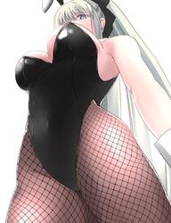  animal_ears black_leotard breasts commentary_request fake_animal_ears fate/grand_order fate_(series) female fishnet_pantyhose fishnets from_below highleg highleg_leotard kankitsu_kei large_breasts leotard long_hair looking_at_viewer looking_down morgan_le_fay_(fate) pantyhose playboy_bunny ponytail rabbit_ears simple_background solo strapless strapless_leotard white_background white_hair wrist_cuffs 