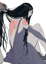  back_tattoo backless_outfit black_hair blue_dress blue_eyes castlevania:_order_of_ecclesia castlevania_(series) closed_mouth detached_sleeves disembodied_hand dress female fingerless_gloves gloves grel_(r6hgvu5) high_heels long_hair looking_at_viewer shanoa simple_background solo tattoo very_long_hair white_background 