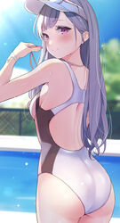  absurdres ass back_cutout blurry blurry_background blush breasts clothing_cutout competition_swimsuit female grey_hair highres holding holding_whistle idolmaster idolmaster_shiny_colors long_hair looking_at_viewer looking_back median_furrow medium_breasts multicolored_clothes multicolored_swimsuit nira_(vira) one-piece_swimsuit pink_eyes smile solo straight_hair sunlight swimsuit very_long_hair visor_cap whistle yukoku_kiriko 