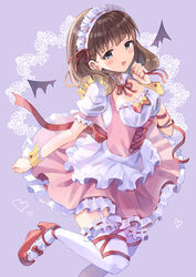  apron bat_wings blue_eyes blurry blush bow breasts brown_hair cleavage cleavage_cutout clenched_hands clothing_cutout collar detached_collar dot_nose dress dress_bow female frilled_dress frills from_side garter_straps hand_up heart heart_print high_heels idolmaster idolmaster_cinderella_girls idolmaster_cinderella_girls_starlight_stage leg_ribbon leg_up looking_at_viewer medium_breasts neck_ribbon open_mouth pink_dress pink_ribbon puffy_short_sleeves puffy_sleeves purple_background red_bow red_footwear ribbon ribbon-trimmed_headwear ribbon-trimmed_thighhighs ribbon_trim sakuma_mayu seuyu_majin short_hair short_sleeves smile solo standing standing_on_one_leg thighhighs waist_apron white_apron white_collar white_headdress white_thighhighs wings yellow_wrist_cuffs 