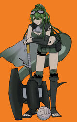  absurdres arknights axe ball black_footwear black_gloves boots breasts brown_eyes crocodilian_tail elbow_gloves female fingerless_gloves full_body gavial_(arknights) gloves goggles goggles_on_head green_hair green_shorts hair_between_eyes highres inu_to_milk knee_boots leaning_forward long_hair looking_at_viewer orange_background ponytail short_shorts short_sleeves shorts simple_background small_breasts smile solo standing tail toeless_footwear v-shaped_eyebrows very_long_hair volleyball_(object) 