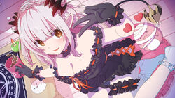  black_dress black_gloves blush braid breasts brown_eyes choker cleavage commentary_request cone_hair_bun cross-laced_clothes cross-laced_dress cup demon_girl demon_horns demon_tail dress female gloves hair_bun hair_ornament halloween highres holding holding_cup horns indie_virtual_youtuber indoors kagawa_yuusaku large_breasts looking_at_viewer multicolored_hair off-shoulder_dress off_shoulder pink_hair pointy_ears sitting sleeveless sleeveless_turtleneck smile socks solo suou_patra tail thigh_strap turtleneck v virtual_youtuber wariza white_socks 