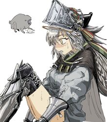  arknights blush boots bright_pupils cape creature egg fartooth_(arknights) female gauntlets grey_hair headgear highres long_hair long_sleeves open_mouth orrdriver shirt sitting solo sweat sweatdrop white_pupils white_shirt yellow_eyes 