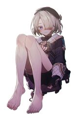  1boy barefoot beret black_gloves black_hat black_shorts blush closed_mouth coojisan feet freckles freminet_(genshin_impact) genshin_impact gloves grey_hair hair_over_one_eye hat highres looking_at_viewer male_focus otoko_no_ko partially_fingerless_gloves purple_eyes shorts simple_background sitting solo wet white_background 