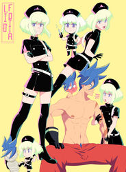  2boys angry arm_hug asymmetrical_hair bandages belt black_dress black_gloves black_thighhighs blonde_hair blue_eyes blue_hair blue_pubic_hair blush character_name chibi chibi_inset crossdressing crossed_arms dress english_commentary floating_hair full-face_blush galo_thymos gloves half_gloves hat holding holding_syringe implied_erection kitsune23star lio_fotia male_focus mohawk multiple_boys multiple_views muscular muscular_male nipples nurse nurse_cap open_fly open_mouth otoko_no_ko pants promare pubic_hair pubic_hair_peek purple_eyes red_pants scar short_hair sidecut sidelocks sitting solo_focus spread_legs standing sweat syringe thigh_belt thigh_strap thighhighs topless_male undercut v-shaped_eyebrows white_belt yellow_background zettai_ryouiki 