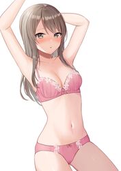  absurdres armpits arms_up bra breasts brown_eyes brown_hair commission female hair_between_eyes highres long_hair medium_breasts mochiko_(uyu_omochi) navel open_mouth original panties pink_bra pink_panties simple_background skeb_commission solo stomach underwear underwear_only 