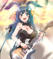  :d absurdres ahoge amano_nene_(vtuber) animal_ears black_bow black_bowtie black_hair black_leotard blush bow bowtie breasts cleavage commentary cosplay detached_collar electric_guitar english_commentary fake_animal_ears female god_knows... green_eyes guitar hair_ribbon hairband highres holding holding_instrument instrument kuroi_mimei large_breasts leotard long_hair microphone microphone_stand music open_mouth playboy_bunny production_kawaii rabbit_ears ribbon second-party_source sidelocks singing smile solo sparkle suzumiya_haruhi suzumiya_haruhi_(cosplay) suzumiya_haruhi_no_yuuutsu teeth upper_teeth_only virtual_youtuber wing_hair_ornament wrist_cuffs yellow_hairband yellow_ribbon 