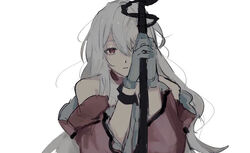  arknights arms_up bare_shoulders detached_sleeves female gloves grey_gloves grey_hair hair_between_eyes inu_to_milk long_hair long_sleeves looking_at_viewer parted_lips red_eyes red_sleeves simple_background skadi_(arknights) skadi_the_corrupting_heart_(arknights) solo upper_body very_long_hair white_background wide_sleeves 