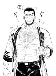  ! !! 1boy ^^^ ainu_clothes bara beard belt blush bursting_pectorals buzz_cut chest_hair clenched_hands collarbone collared_shirt duruko embarrassed facial_hair flying_button furrowed_brow golden_kamuy greyscale large_pectorals long_sideburns looking_at_viewer male_focus mature_male monochrome muscular muscular_male no_headwear open_mouth pants pectoral_cleavage pectorals popped_button popped_collar sanpaku scar scar_on_face shirt shirt_tucked_in short_hair sideburns solo spoken_exclamation_mark stubble tanigaki_genjirou thick_eyebrows undersized_clothes v-shaped_eyebrows very_short_hair 