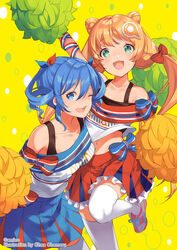  2girls amiami_(company) amico blue_eyes blush bow breasts cheerleader double_bun green_eyes hair_between_eyes hair_bun hair_ornament hair_ribbon hairbow highres leg_up lilco long_hair looking_at_viewer medium_breasts multiple_girls official_art one_eye_closed open_mouth pom_pom_(cheerleading) red_bow red_eyes ribbon shoes short_twintails simple_background skirt sneakers thighhighs twintails very_long_hair white_thighhighs yumekui 