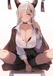  alternate_costume asymmetrical_bangs azur_lane black_bra black_choker black_horns black_skirt black_socks blonde_hair blush bra breasts brown_eyes choker cleavage collared_shirt commentary_request earrings female gradient_background gyaru hair_ornament hair_over_one_eye hairclip horns jewelry kneehighs kogal large_breasts long_bangs long_sleeves looking_at_viewer mole mole_under_mouth necklace owari_(azur_lane) paid_reward_available pleated_skirt sea_nami shirt shirt_tucked_in simple_background sitting skirt smile socks underwear uniform white_background white_shirt 