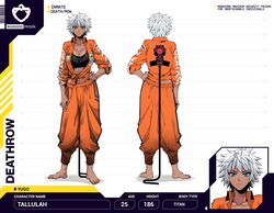  absurdres artist_name baggy_pants barefoot black_sports_bra blue_eyes breasts character_age character_name cleavage commentary dark_skin english_commentary female front_and_back hand_on_own_hip height height_chart highres huge_breasts jacket long_legs long_sleeves midriff mugshot muscular muscular_female orange_jacket orange_pants original pants prison prison_clothes prisoner reference_sheet sleeves_rolled_up solo_focus spiked_hair sports_bra standing tallulah_(yugo) tan tied_jacket tomboy unbuttoned white_background white_hair wire yugo_(yugotme97) 