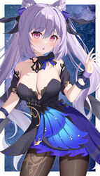  bare_shoulders black_dress black_pantyhose blush bow_choker breasts cleavage cone_hair_bun diamond-shaped_pupils diamond_(shape) double_bun dress female genshin_impact hair_bun hair_ears hair_ornament highres keqing_(genshin_impact) keqing_(opulent_splendor)_(genshin_impact) large_breasts long_hair looking_at_viewer multicolored_clothes multicolored_dress nyuu_(pixiv12143565) official_alternate_costume pantyhose pearl_hair_ornament purple_eyes purple_hair ribbon solo strapless strapless_dress symbol-shaped_pupils twintails two-tone_dress 