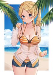  absurdres beach bikini bikini_under_clothes blonde_hair blue_eyes blue_shorts blue_sky blush breasts commentary_request female hachimiya_meguru hair_ornament highres idolmaster idolmaster_shiny_colors long_hair long_sleeves medium_breasts mochiko_(uyu_omochi) ocean orange_bikini outdoors ponytail shorts sky solo striped_bikini striped_clothes swimsuit water 