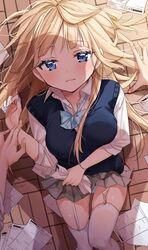  aoba_miu blonde_hair blue_bow blue_eyes blue_nails blue_panties blush bow bowtie breasts cardigan chigusa_minori closed_mouth collared_shirt commentary_request dress_shirt fallen_down female floor from_above garter_straps hair_spread_out highres kokoro_iroduku_koi_ga_shitai large_breasts long_hair looking_at_viewer lying medium_breasts messy_hair mole mole_on_thigh nail_polish on_back on_floor panties pantyshot papers plaid plaid_bow plaid_bowtie pleated_skirt school_uniform shadow shirt single_hair_ring skindentation skirt skirt_flip solo_focus sweatdrop thighhighs thighs unbuttoned underwear white_shirt white_thighhighs yukadon 