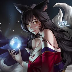  ahri_(league_of_legends) animal_ears artist_name ball bare_shoulders black_hair breasts brown_eyes cleavage closed_mouth facial_mark female fingernails fox_ears fox_girl fox_tail from_side hand_up highres instagram_logo kitsune kyuubi large_breasts league_of_legends long_hair magic multiple_tails night outdoors sharp_fingernails slit_pupils smile suisui_again tail twitter_logo whisker_markings 